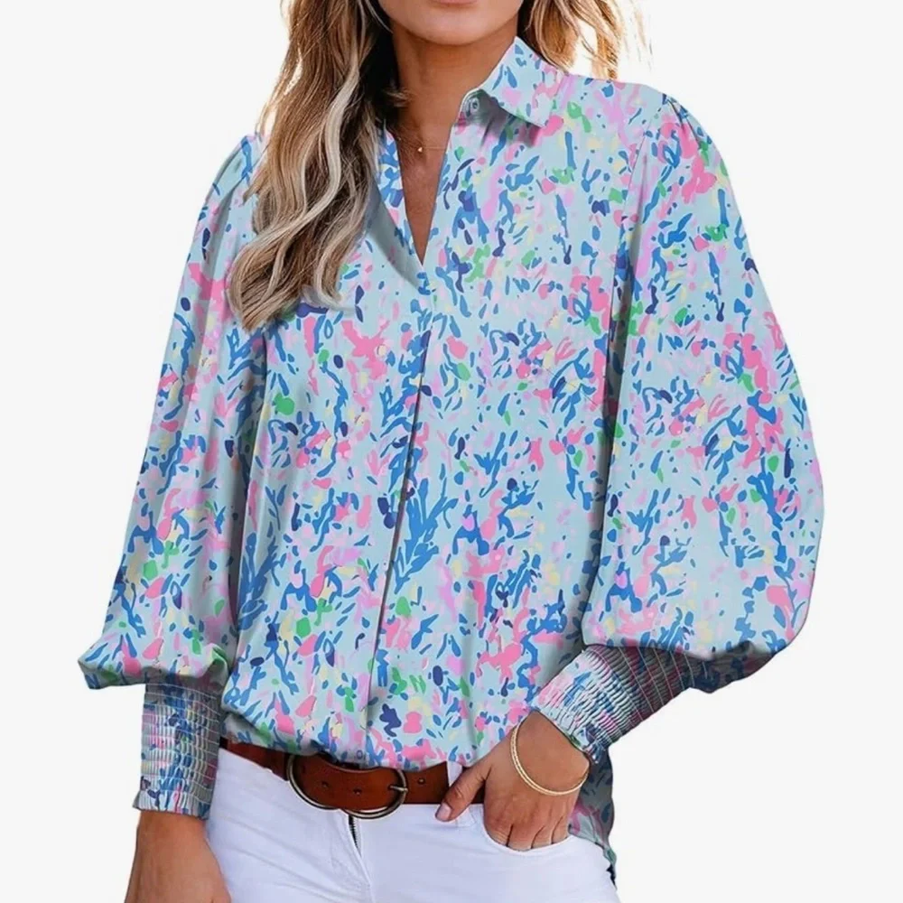 Amazon Women's Multicolor Button Down Shirt - Picture 1 of 15